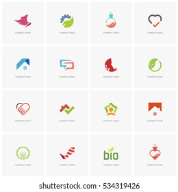 Total logo set - real property, science, industry, love, business, beauty, nature and ecology flat icons.