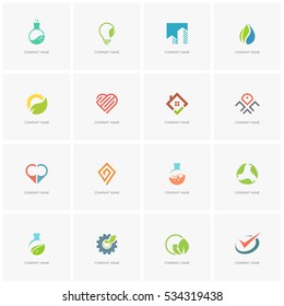 Total logo set  - real property, science, industry, love, business, nature and ecology flat icons.