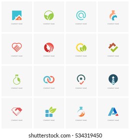 Total logo set - real property, science, industry, love, business, beauty, nature and ecology flat icons.