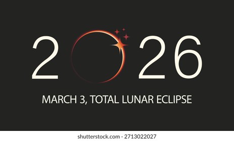 Total lunar eclipse 2026 banner template with information text. Horizontal poster, card, typography design, blood moon and space for copy Modern minimalist flat vector illustration on black background