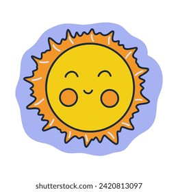 Total lunar eclipse. Or smiling sun in the sky. Colorful vector isolated illustration hand drawn doodle. Icon or card, clip art with contour. Moonlight behind the sun