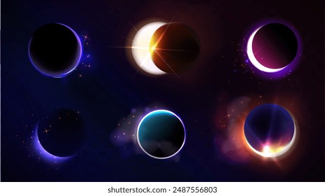 Total and partial solar eclipse with different neon glow colors on dark night sky background. Realistic vector illustration set of abstract cosmos sun corona with circle and crescent bright shine.