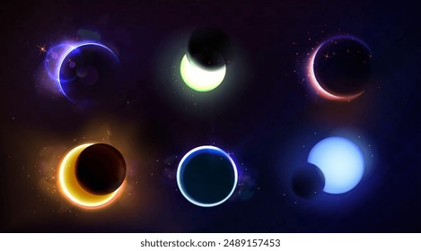 Total and partial solar eclipse with different neon glow colors on dark night sky background. Realistic vector illustration set of abstract cosmos sun corona with circle and crescent bright shine.