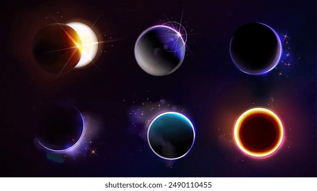 Total and partial solar eclipse with different neon glow colors on dark night sky background. Realistic vector illustration set of abstract cosmos sun corona with circle and crescent bright shine.