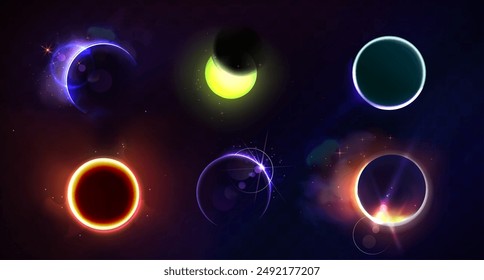 Total and partial solar eclipse with different neon glow colors on dark night sky background. Realistic vector illustration set of abstract cosmos sun corona with circle and crescent bright shine.