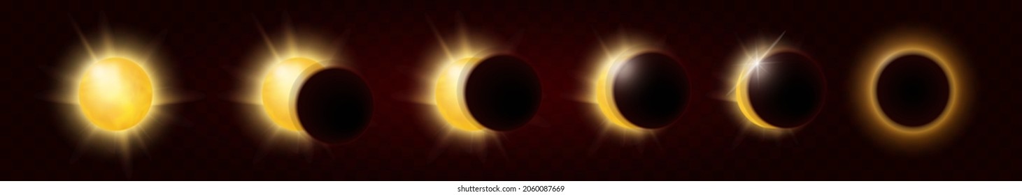 Eclipse solar total y parcial en ciclo completo, resplandor solar realista y anillo de sol en diferentes etapas de fondo científico de afiches. Eclipse solar en diferentes fases infográficas