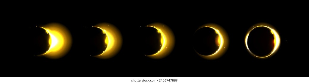 Eclipse solar total y parcial. Vector de luz de fase lunar. Anillo de planeta aislado en el espacio con llamarada. Brillo exterior científico eclíptico completo para el conjunto gráfico del amanecer. Distinto resplandor del horizonte universal