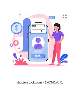 total payment illustration vector. the woman who shows the payment near the handphone, concept for banner, website or landing page