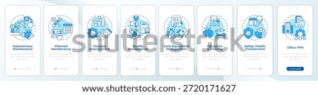 Total productive maintenance blue onboarding mobile app screen. Walkthrough 8 steps editable graphic instructions with linear concepts. UI, UX, GUI