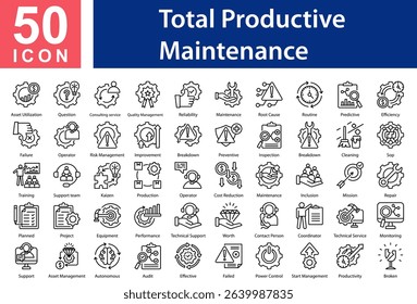 Total Productive Maintenance Collection of Icons with Outline Style Containing: Asset Utilization,Question,Consulting service,Quality Management ,Reliability,Maintenance,Root Cause,Routine,Predictive