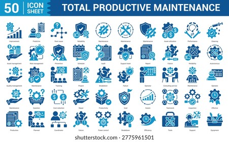 Total Productive Maintenance Editable Icon Set Collection Concept With Icon Of Improvement, Predictive, Root cause, Reliability, Maintenance, Asset utilization, Performance, Cleaning, and more .Illustration Eps 10