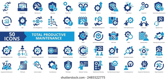 Total productive maintenance icon collection set. Containing equipment, break, reliability, time, inspection, efficiency, preventive icon. Simple flat vector.