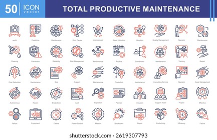 Total productive maintenance icon collection set. Containing equipment, break, reliability, time, inspection, efficiency, preventive icon.