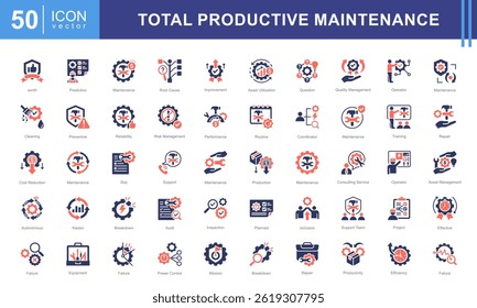 Total productive maintenance icon collection set. Containing equipment, break, reliability, time, inspection, efficiency, preventive icon.