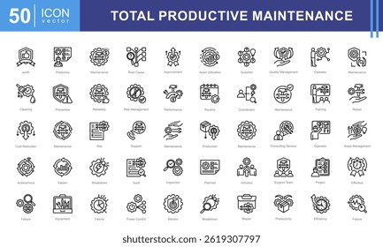Total productive maintenance icon collection set. Containing equipment, break, reliability, time, inspection, efficiency, preventive icon.