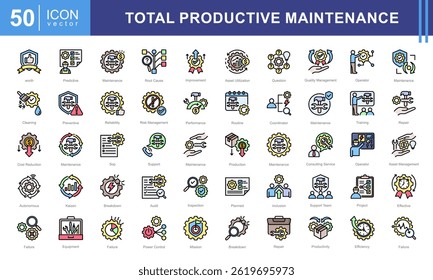 Conjunto de coleta de ícones de manutenção produtiva total. Contendo o equipamento, quebra, confiabilidade, tempo, inspeção, eficiência, ícone preventivo.