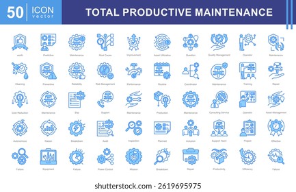 Conjunto de coleta de ícones de manutenção produtiva total. Contendo o equipamento, quebra, confiabilidade, tempo, inspeção, eficiência, ícone preventivo.