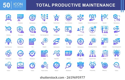 Total productive maintenance icon collection set. Containing equipment, break, reliability, time, inspection, efficiency, preventive icon.