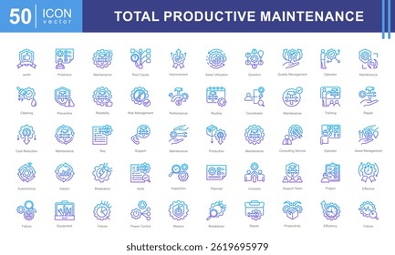Total productive maintenance icon collection set. Containing equipment, break, reliability, time, inspection, efficiency, preventive icon.