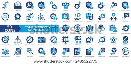 Total productive maintenance icon collection set. Containing equipment, break, reliability, time, inspection, efficiency, preventive icon. Simple flat vector.