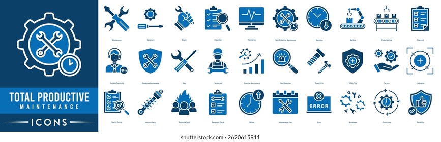 Total Productive Maintenance icon set. Maintenance, Equipment, Repair, Inspection and Monitoring