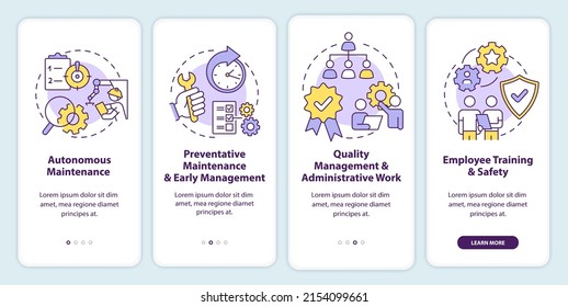 Pantalla de aplicación móvil de mantenimiento productivo total. Recorrido 4 pasos de páginas de instrucciones gráficas con conceptos lineales. UI, UX, plantilla GUI. Multitud de tipos de letra Pro-Bold, con uso regular