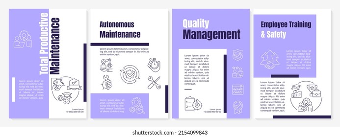 Total productive maintenance purple brochure template. Equipment improvement. Leaflet design with linear icons. 4 vector layouts for presentation, annual reports. Anton, Lato-Regular fonts use