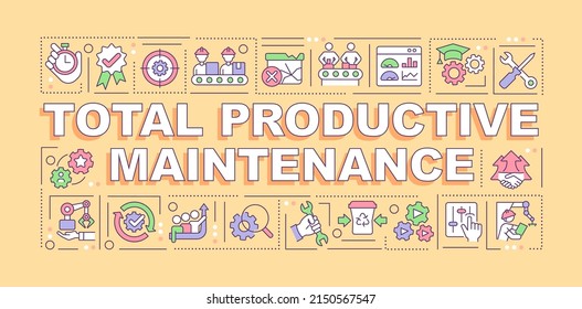 Total productive maintenance word concepts orange banner. Lean production. Infographics with icons on color background. Isolated typography. Vector illustration with text. Arial-Black font used