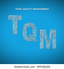 Total quality management diagonal typography background. Blue background with main title TQM filled by other words related with total quality management method