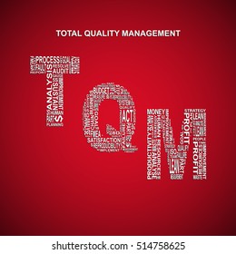 Total quality management diagonal typography background. Red background with main title TQM filled by other words related with total quality management method