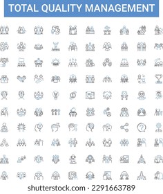Sammlung von Symbolen für das Qualitätsmanagement insgesamt. TQM, Qualität, Kontrolle, System, Prozess, Verbesserung, Versicherung Vektorgrafik Set. Normung, Strategien, Kennzeichen der Bewertungslinie