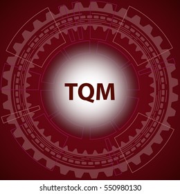 Total quality management strategy background. Red background with gear and title TQM in middle.