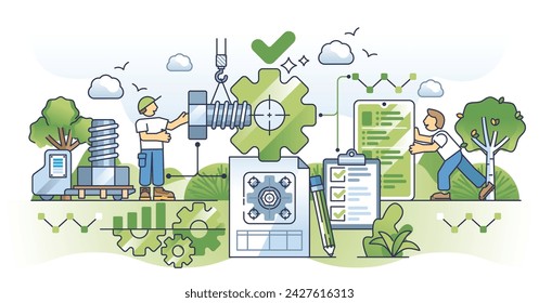 Total quality management or TQM for continual improvement outline concept. Customer focus, employee participation and process oriented approach for effective improvement and precise manufacturing.