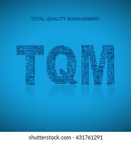 Total quality management typography background. Blue background with main title TQM filled by other words related with total quality management method. Vector illustration