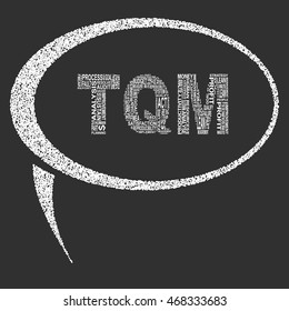 Total quality management  typography speech bubble. Dark background with main title TQM filled by other words related with total quality management method. Vector illustration