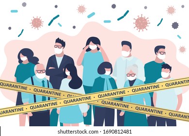 Total quarantine or self-isolation. Various sick people in protective masks. Crowd of humans under warning tapes. Stop coronavirus. Viral infection Covid-19 concept. Healthcare banner. Flat Vector