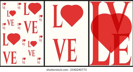 Coleção de cartões comemorativos do Dia dos Namorados vermelho total. Definir cartão postal vertical Valentine com texto de amor. Valenyines embrulhando o modelo de papel. Ilustração vetorial. EPS 10