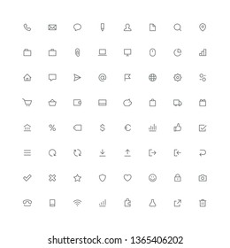 Total rounded icon set - phone, mail, message, file, search, gear, home, graph, arrows, shopping cart and other symbols. Contacts, office, business and finance, internet and website outline vector.