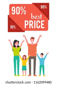 Total sale 90 percent off special offer banner with happy family vector icon. Best price discount badge with smiling group of people, hands up, isolated