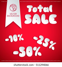 Total sale design template with text and percentage discount in paper application style on red background flat vector illustration  