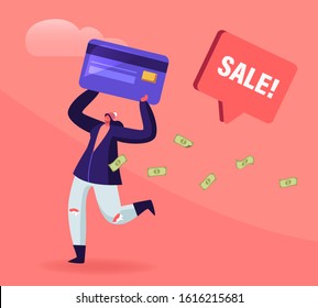 Total Sale And Festive Discount Concept. Tiny Female Character Holding Huge Credit Card With Money Bills Around. Happy Woman Shopping Recreation, Price Off Promo. Cartoon Flat Vector Illustration