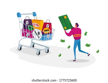 Total Sale and Festive Discount Concept. Tiny Male Shopper Character Holding Huge Credit Card with Money Bills around. Happy Man Shopping Recreation, Price Off Promo. Cartoon Vector Illustration