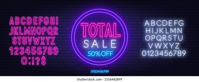 Total sale neon sign on dark background. Template for design.