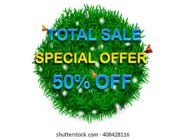 Total sale Special offer Sale summer round Banner. Vector green grass and daisy spring ring background sale design with butterfly. 50% percent off sale discount poster