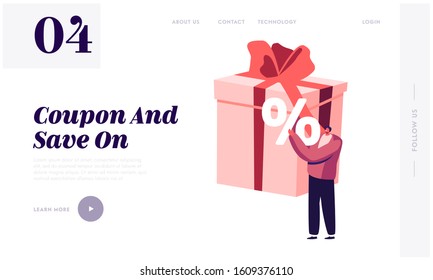 Total Sale Website Landing Page. Young Man Customer Stand at Huge Wrapped Gift Box with Percent Symbol. Shop Special Offer Promotion and Discount Web Page Banner. Cartoon Flat Vector Illustration