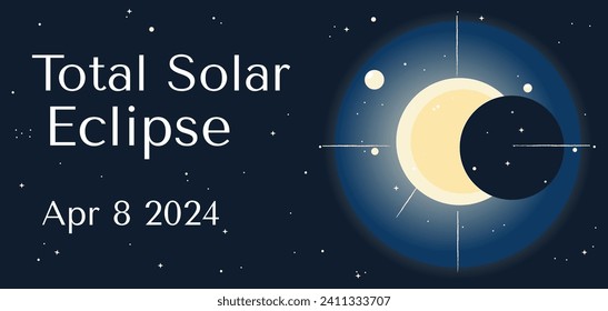 Total solar eclipse banner. Hand drawn vector design on dark background.