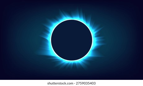 Total solar eclipse with bright corona light around the moon in dark space. Astronomical event.