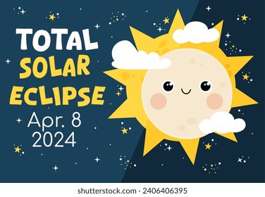 Total solar eclipse hand drawn banner. Vector moon cute character design.