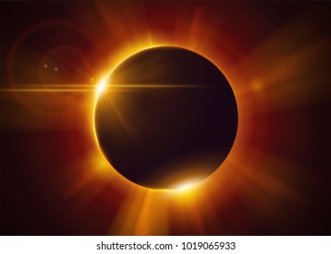 Total Solar Eclipse. Natural Astronomical Phenomenon. Shadow of the Moon and Aura of Solar Corona. Realistic Effect with Gold Light and Sun Rays.