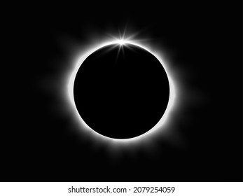 Eclipse solar total. Planeta con rayos solares sobre fondo oscuro. Amanecer realista en el espacio. Horizonte terrestre con resplandor. Círculo negro con brillo blanco. Ilustración vectorial.